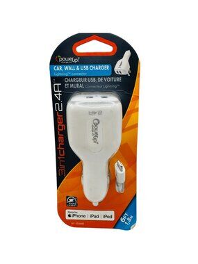 PowerUp 3-In-1 Car Wall & USB Charger With 6ft Fast Charge Connector Cable Dual